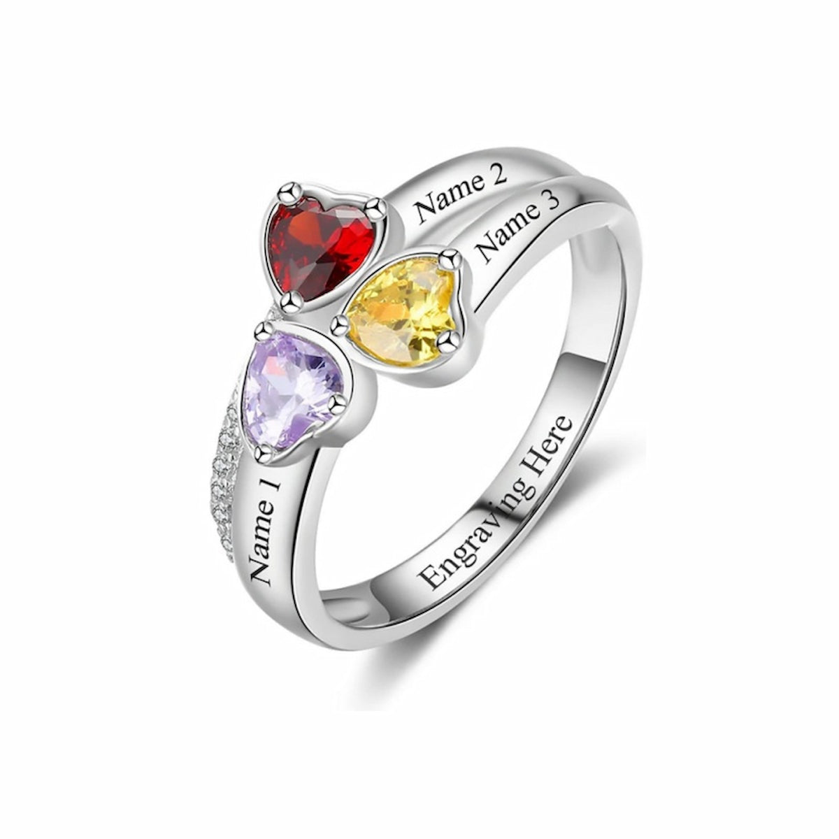 Sterling silver 3 names birthstone ring with space for custom engraving.