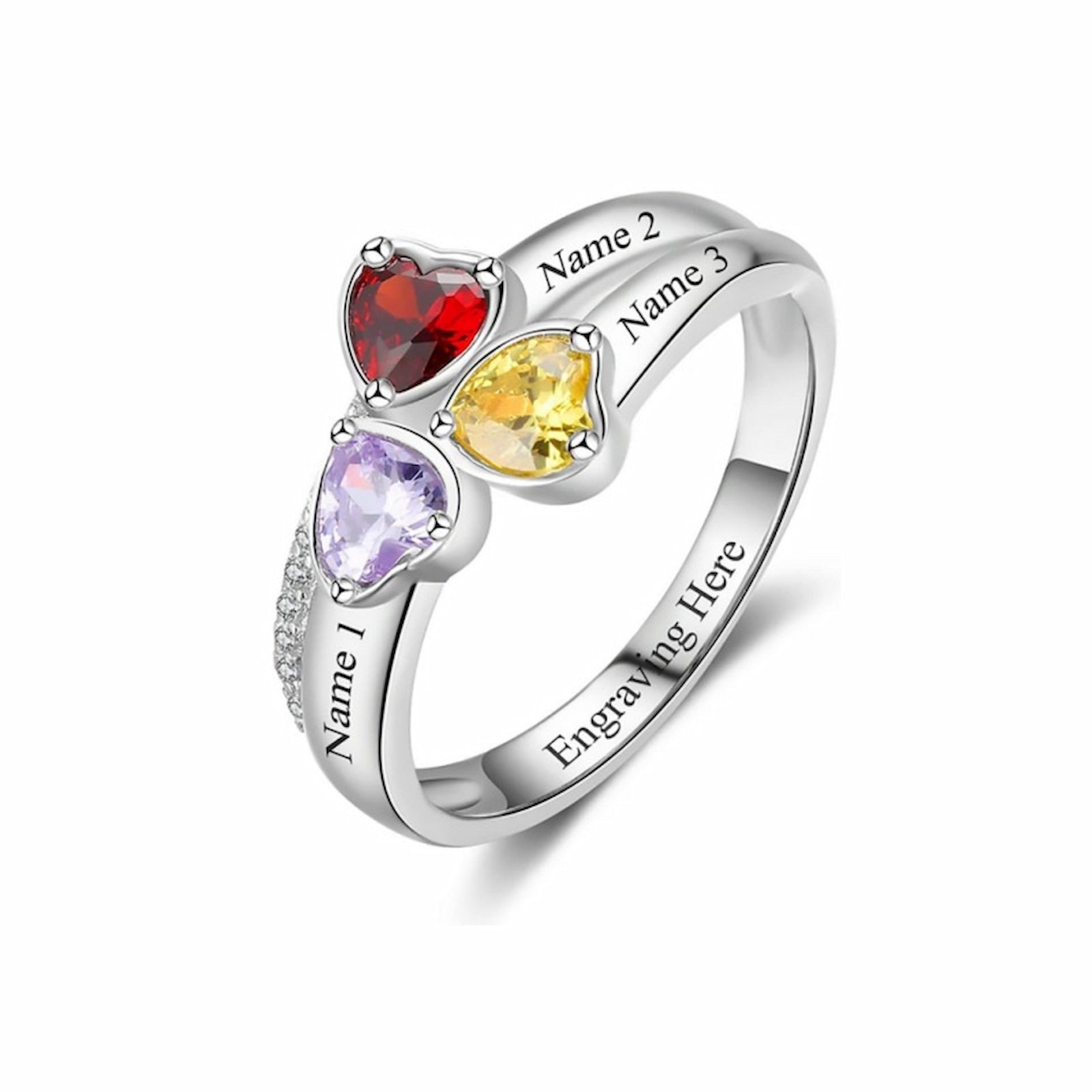 Sterling silver 3 names birthstone ring with space for custom engraving.