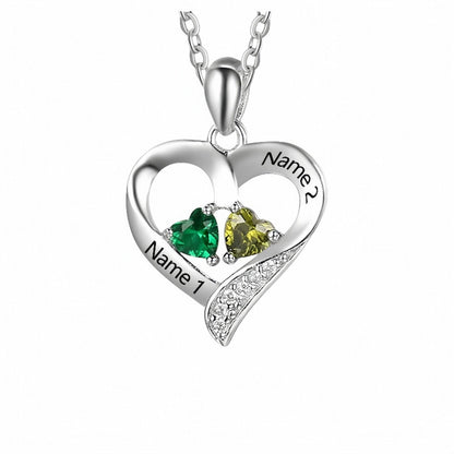 Sterling Silver Couple Pendant with 2 Heart Simulated Birthstone and Name placeholders.