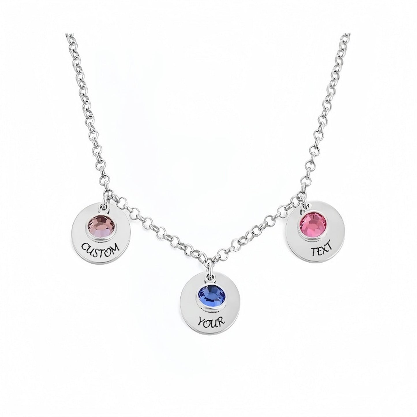S925 sterling silver custom 3 birthstone disc necklace with personalized text.