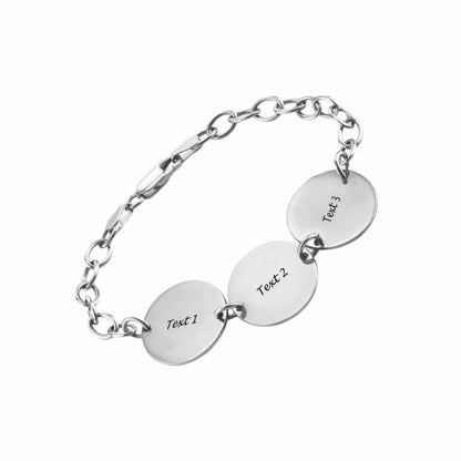 Personalized sterling silver 3-disc bracelet for women. Engraved jewelry gift.