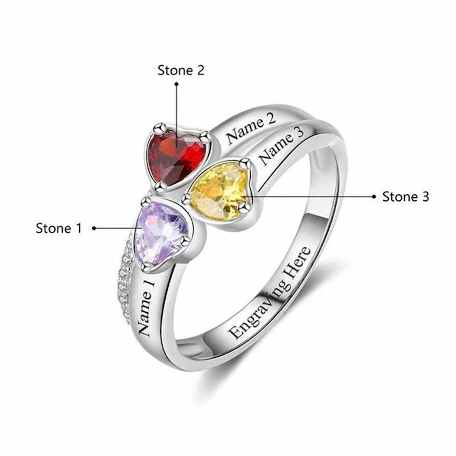 Sterling silver custom engraved Mothers ring with 3 heart stones.