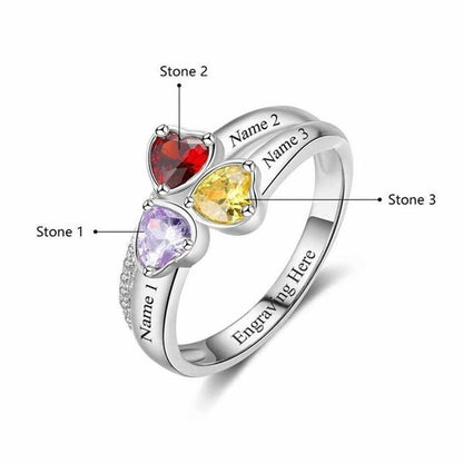 Sterling silver custom engraved Mothers ring with 3 heart stones.