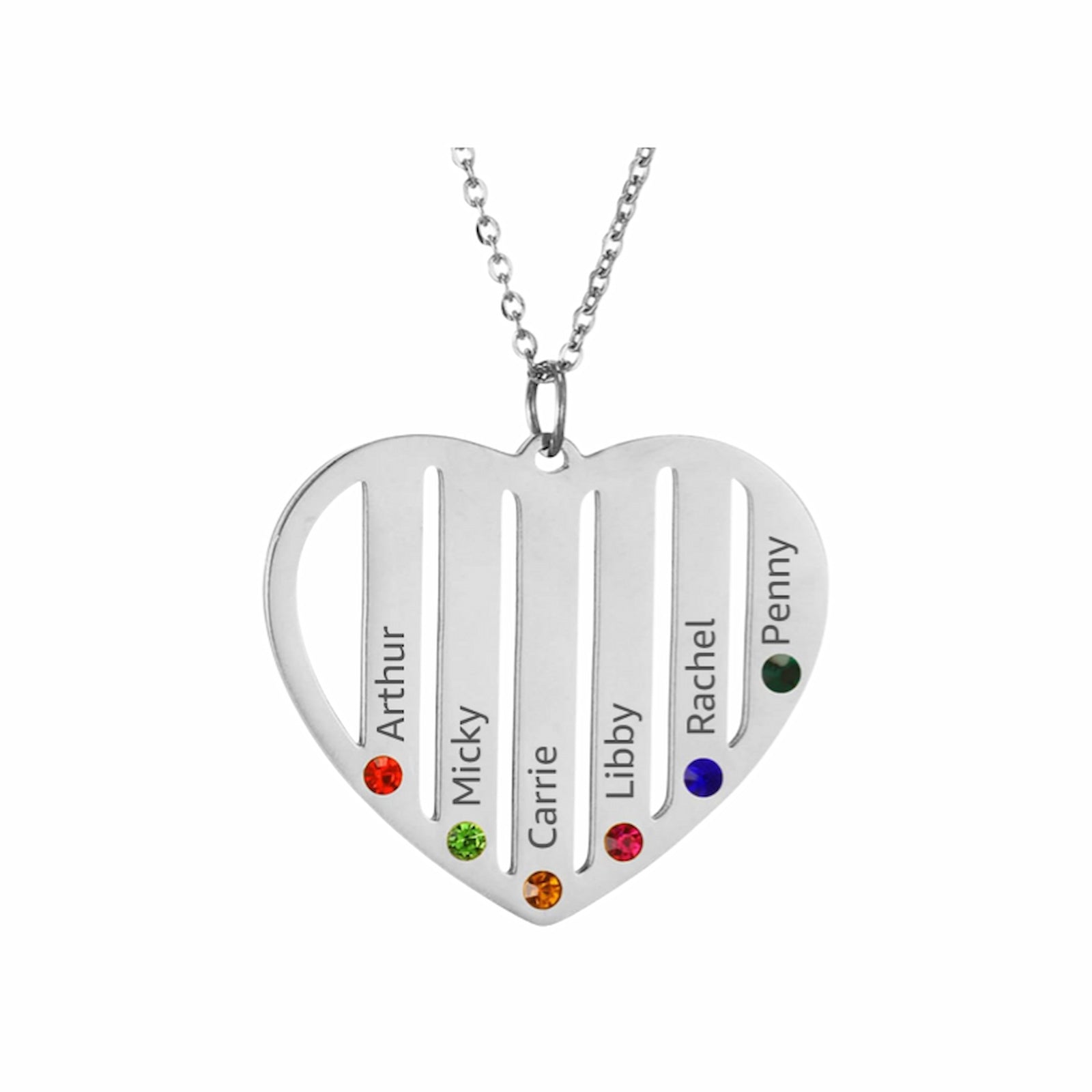 Sterling silver custom Mom necklace with children's names and birthstones, heart shape.