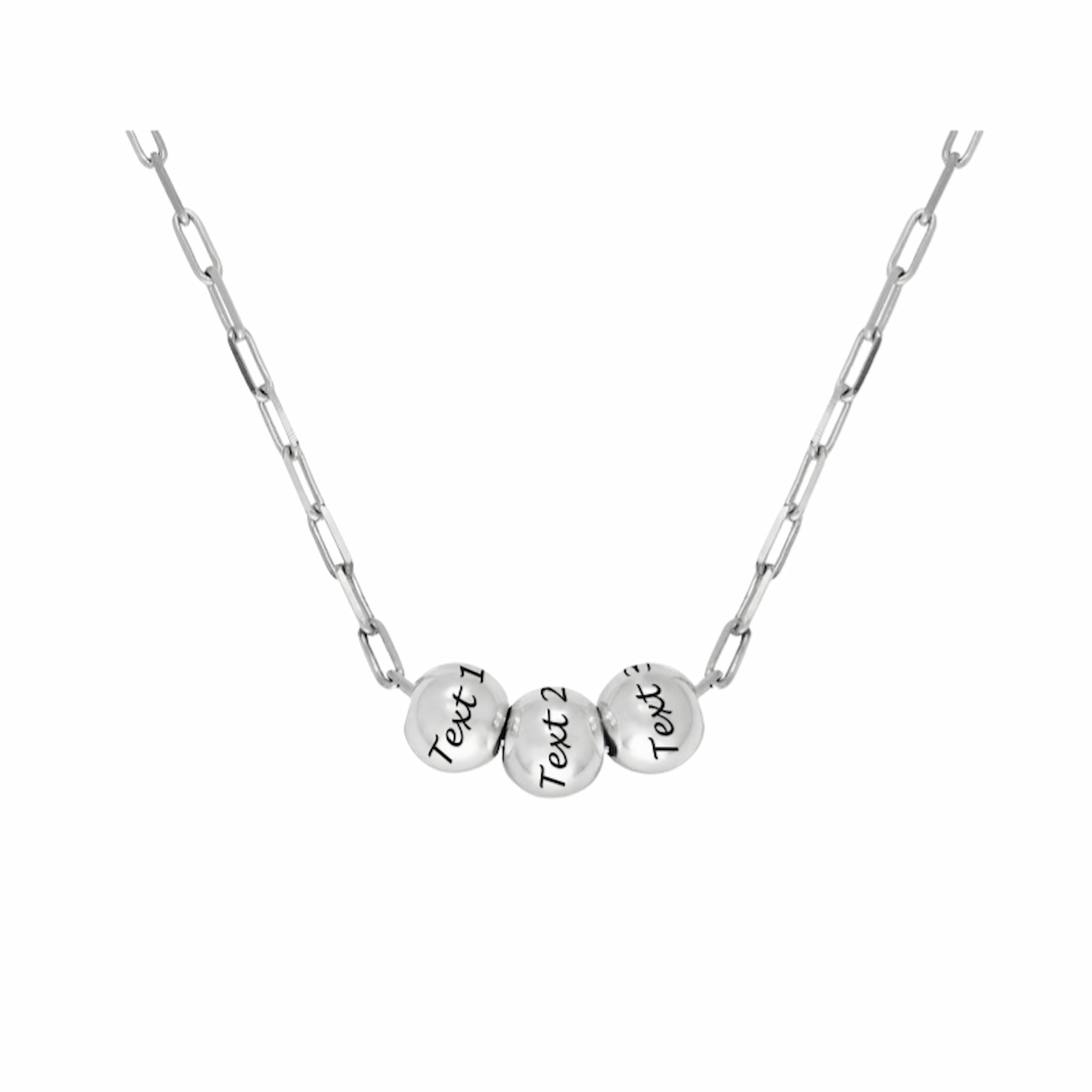 Sterling silver custom name bead paperclip necklace. Engraved text, elegant design.