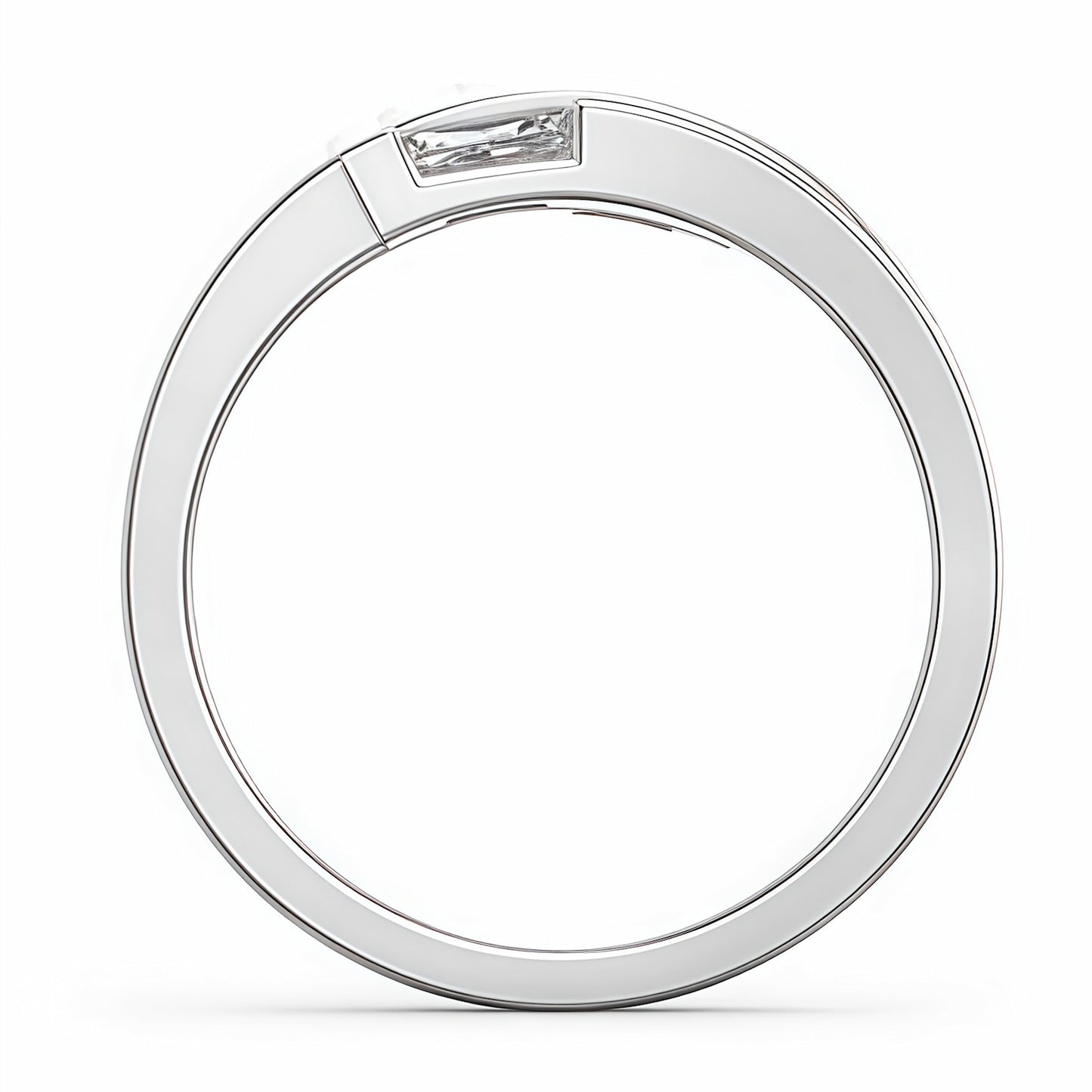 Side view of 925 sterling silver custom promise ring band and baguette stone setting.