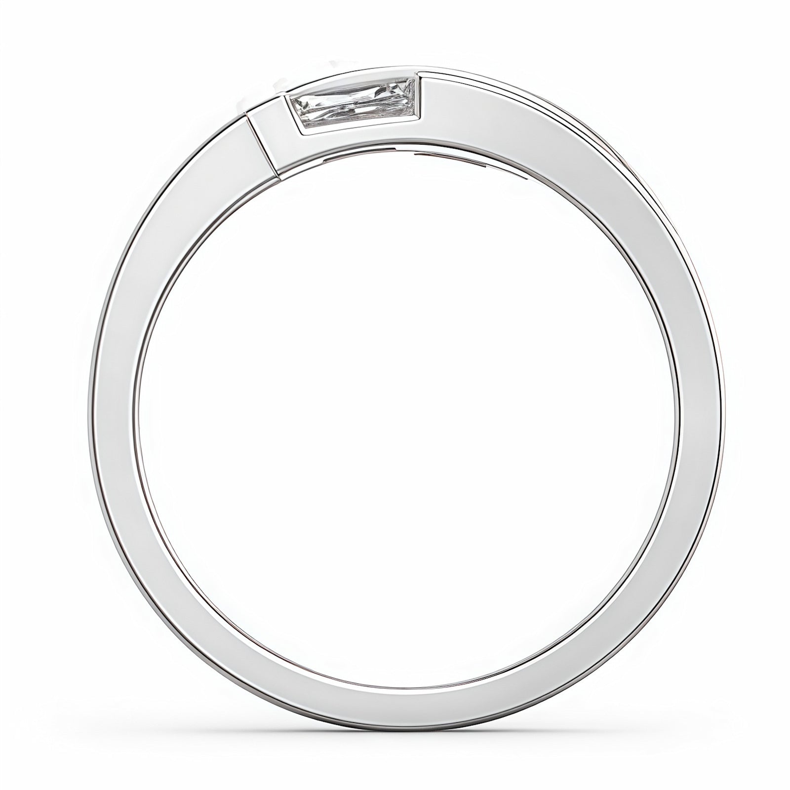 Side view of 925 sterling silver custom promise ring band and baguette stone setting.