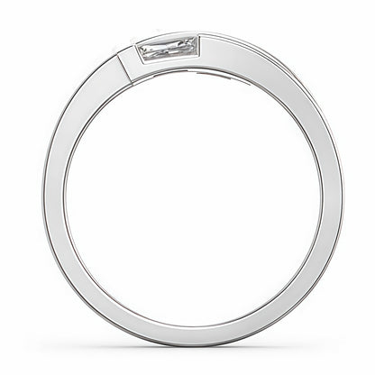 Side view of 925 sterling silver custom promise ring band and baguette stone setting.