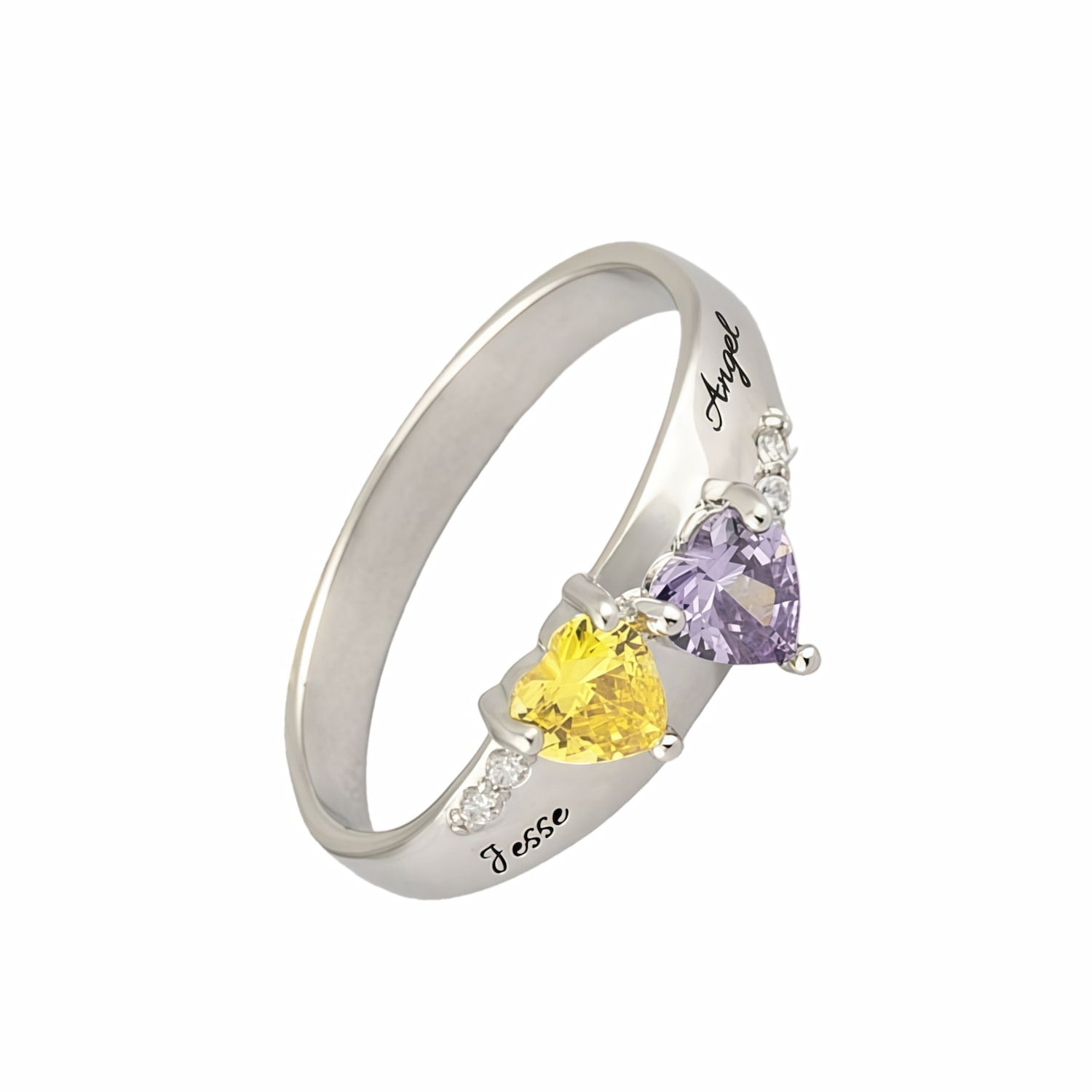 Custom sterling silver ring with heart-cut purple and yellow stones and name detail.
