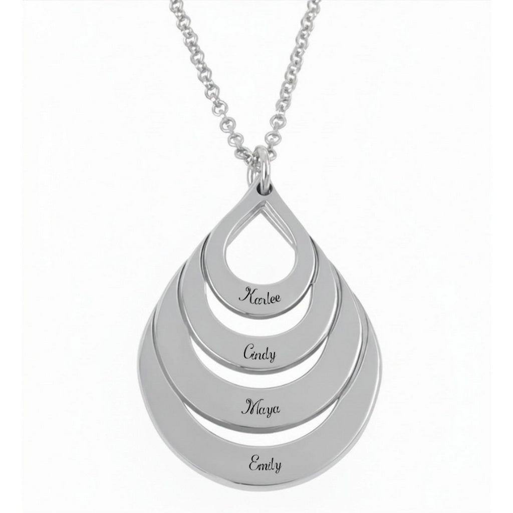 Sterling silver four-layer teardrop name pendant necklace.