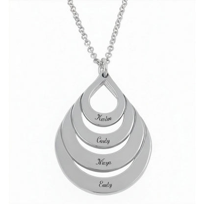 Sterling silver four-layer teardrop name pendant necklace.