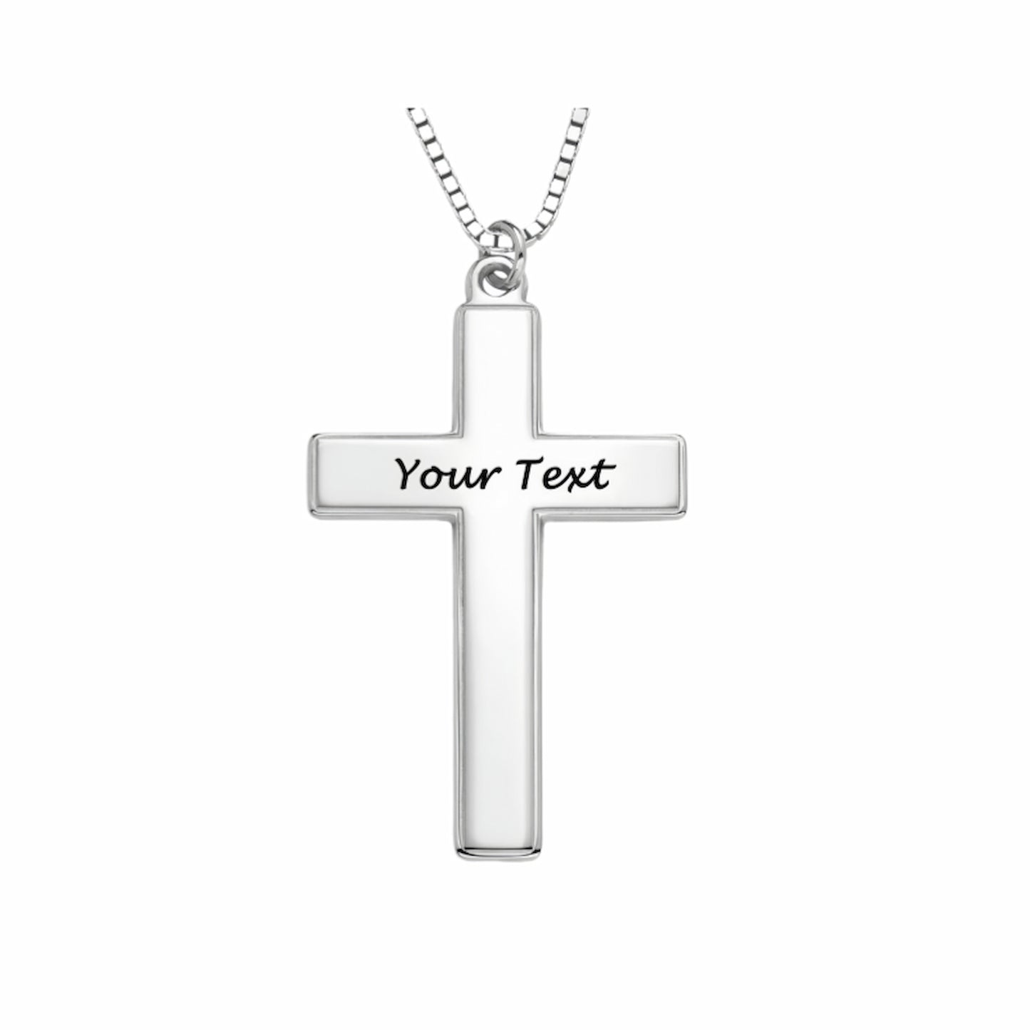 Sterling silver personalized cross necklace. Custom engraved text on plain cross. Unisex gift.