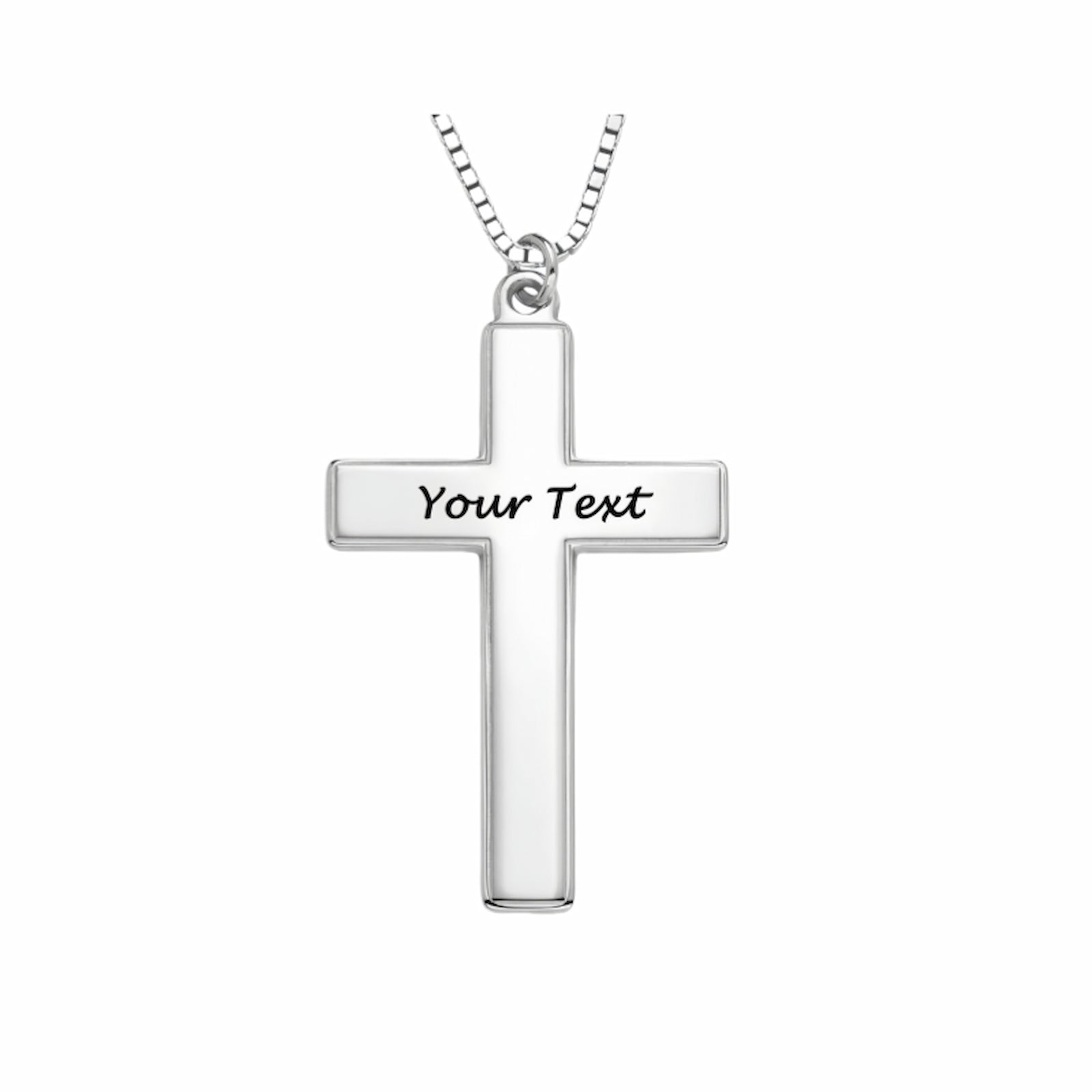 Sterling silver personalized cross necklace. Custom engraved text on plain cross. Unisex gift.