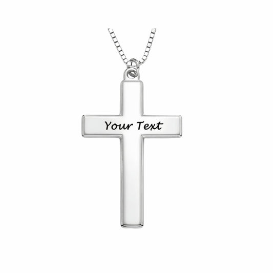 Sterling silver personalized cross necklace. Custom engraved text on plain cross. Unisex gift.