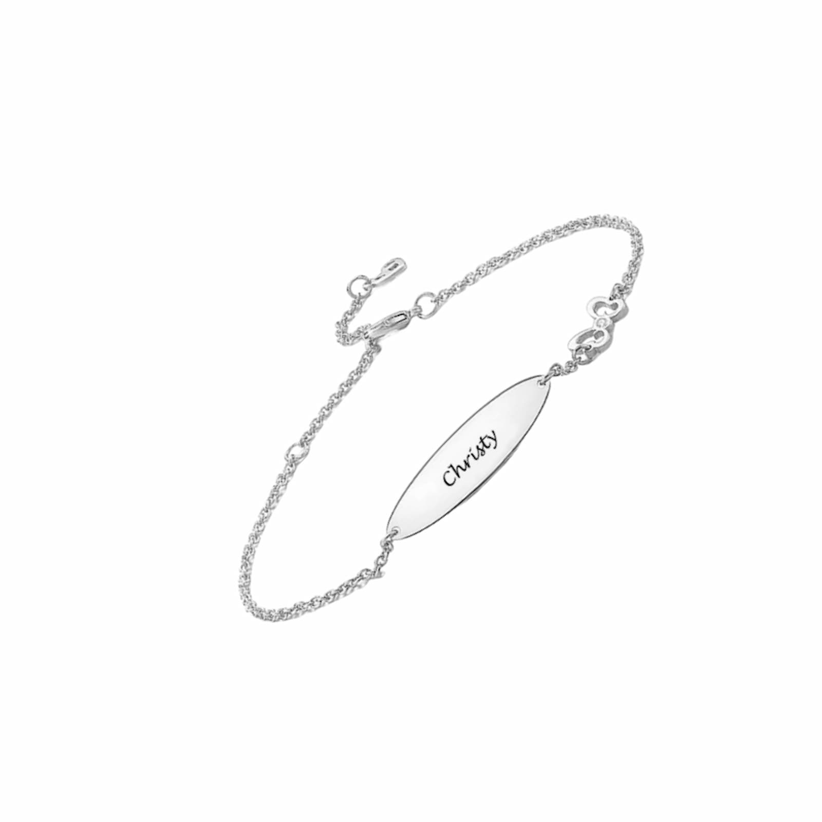 925 sterling silver personalized name bracelet with adjustable chain and clasp.