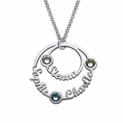 Sterling silver family name necklace with 3 birthstones.