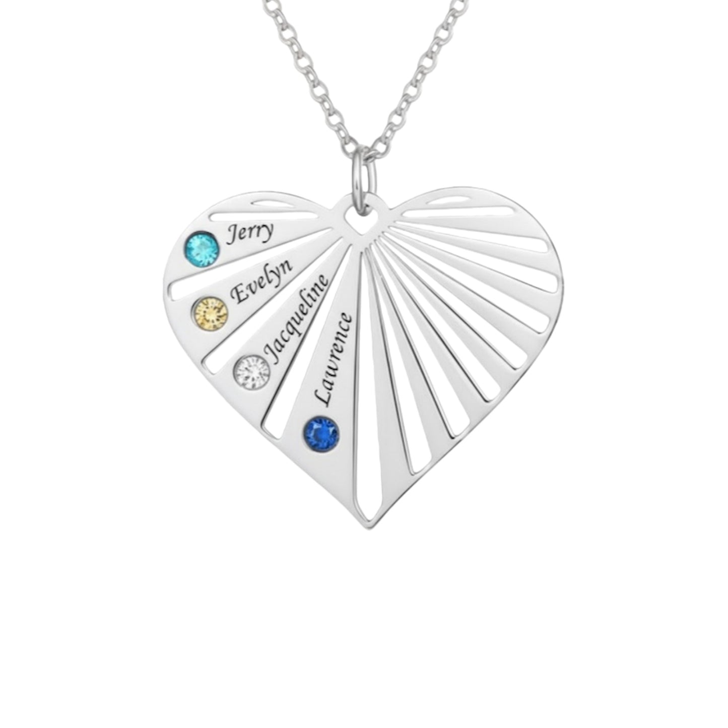 Sterling silver personalized heart necklace with custom names and matching birthstones.