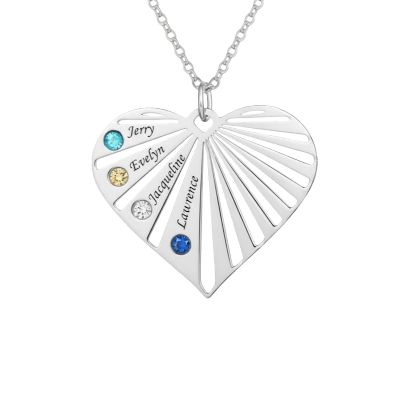 Sterling silver personalized heart necklace with custom names and matching birthstones.