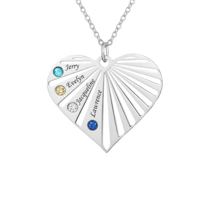 Sterling silver personalized heart necklace with custom names and matching birthstones.