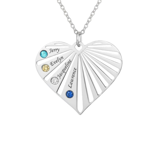 Sterling silver personalized heart necklace with custom names and matching birthstones.