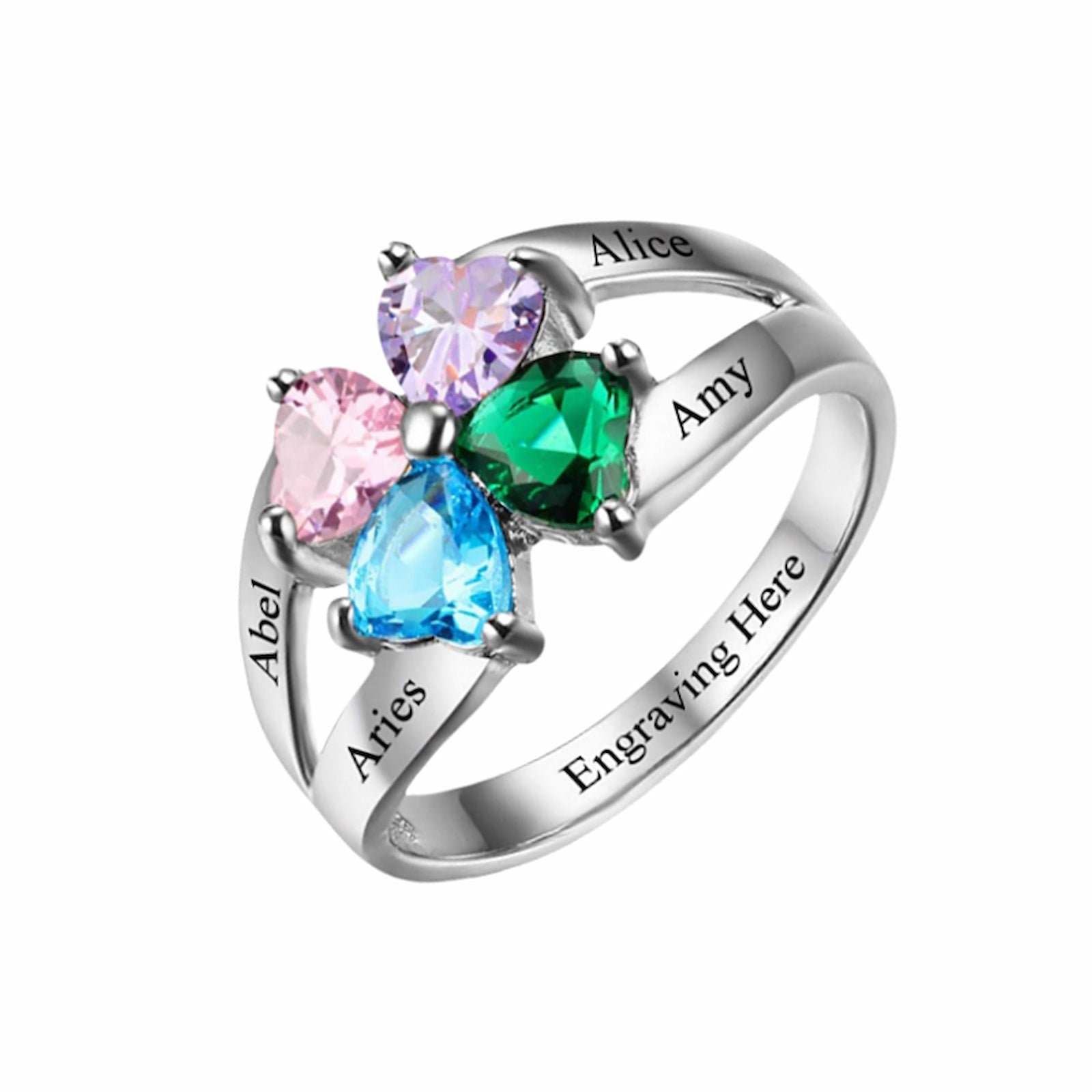 Sterling silver Mother's Day family ring. 4 heart simulated birthstones, custom names.
