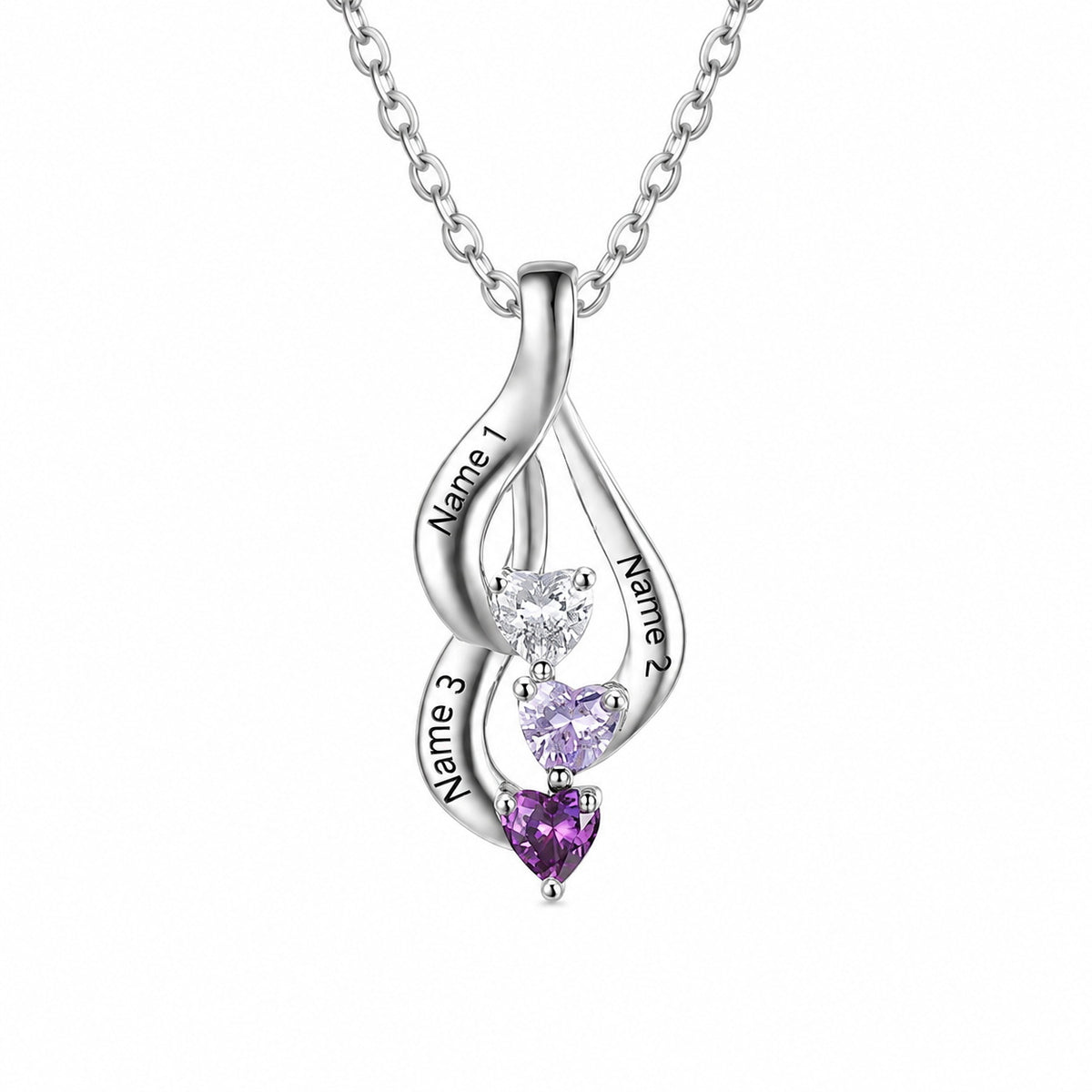 Sterling silver personalized 3-name birthstone necklace, custom engraved names.