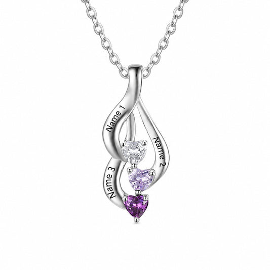 Sterling silver personalized 3-name birthstone necklace, custom engraved names.