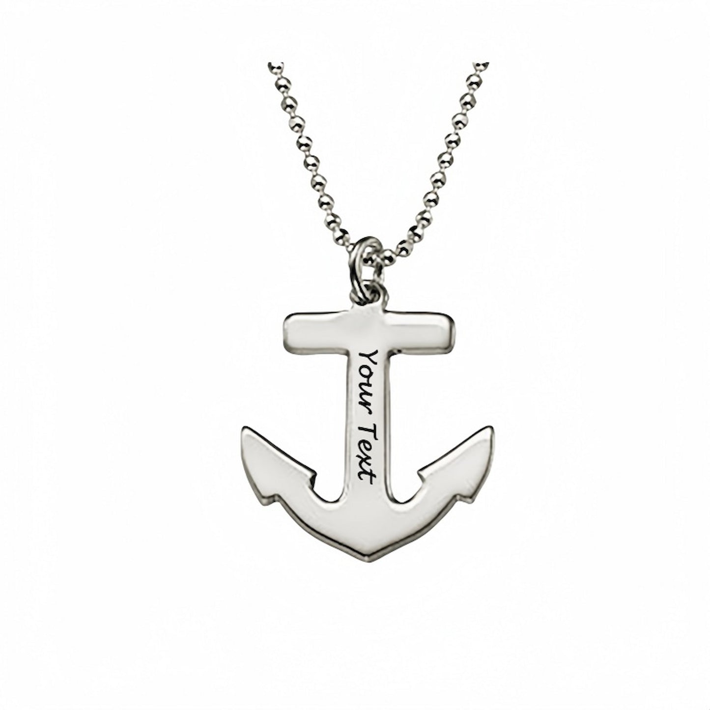 Sterling silver personalized anchor necklace. Custom engraved text on nautical pendant.