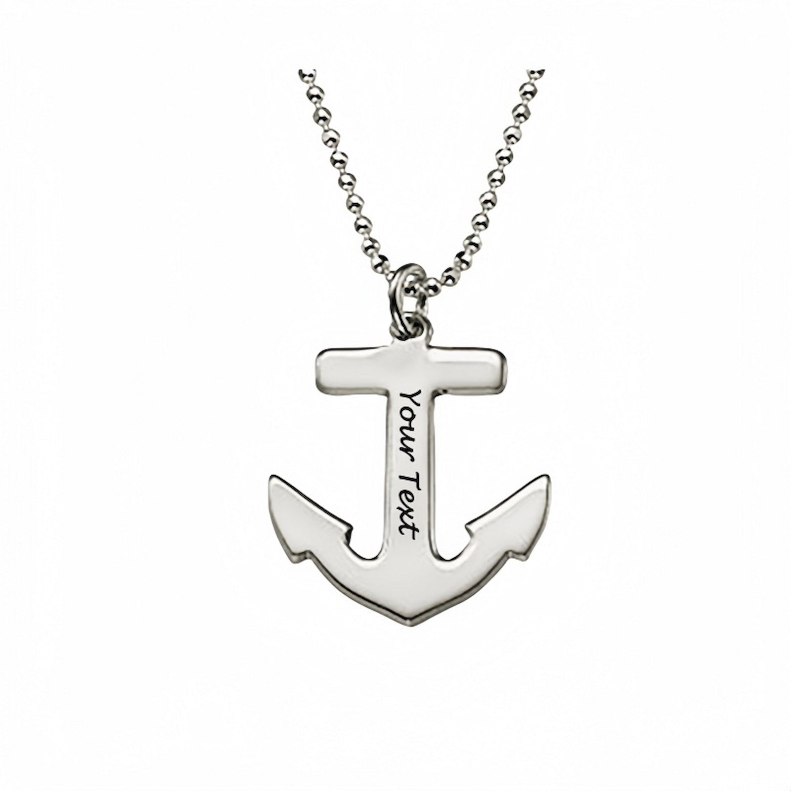 Sterling silver personalized anchor necklace. Custom engraved text on nautical pendant.