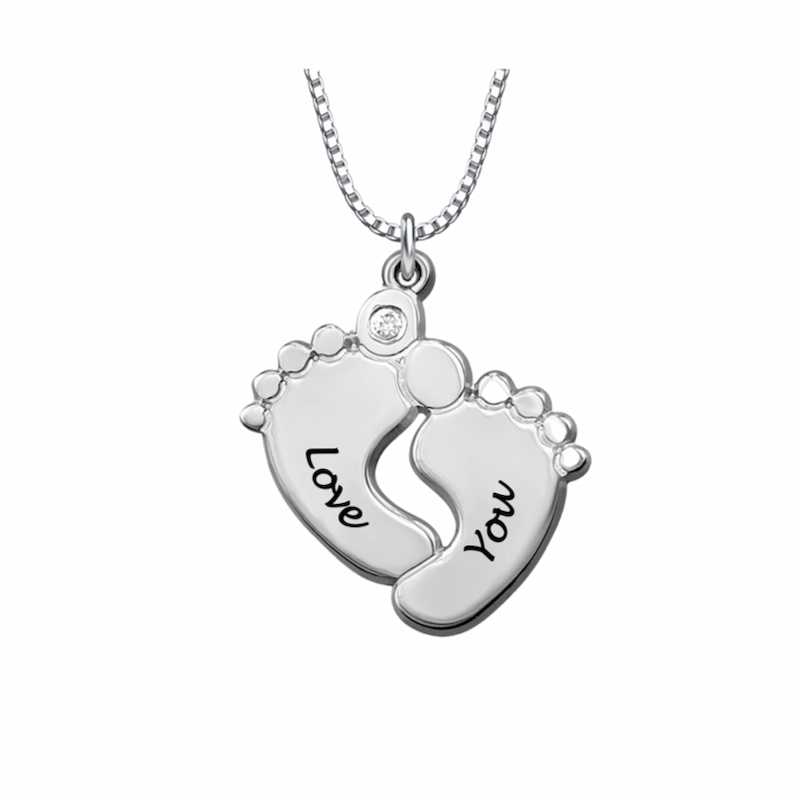 Sterling silver personalized baby feet engraved necklace. With custom text and birthstone.