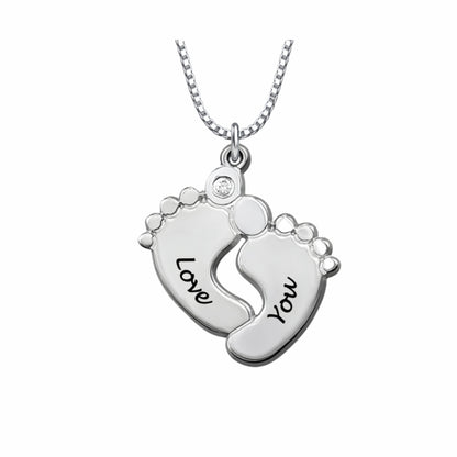 Sterling silver personalized baby feet engraved necklace. With custom text and birthstone.
