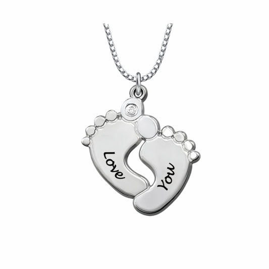 Sterling silver personalized baby feet engraved necklace. With custom text and birthstone.