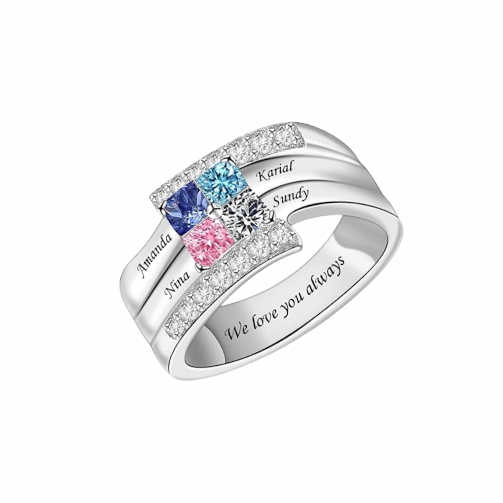 Sterling silver personalized family ring with 4 custom names & birthstones