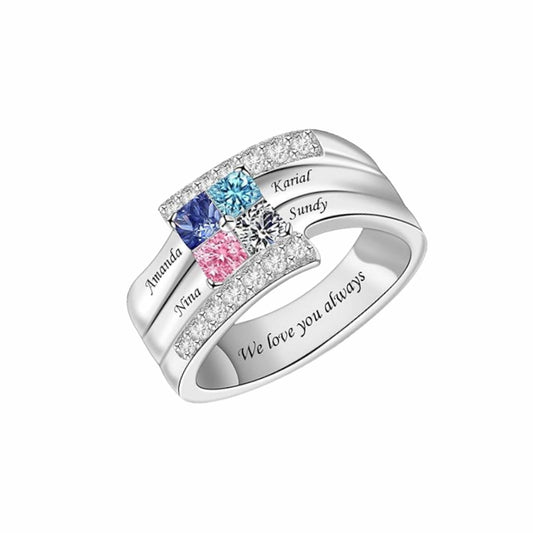 Sterling silver personalized family ring with 4 custom names & birthstones