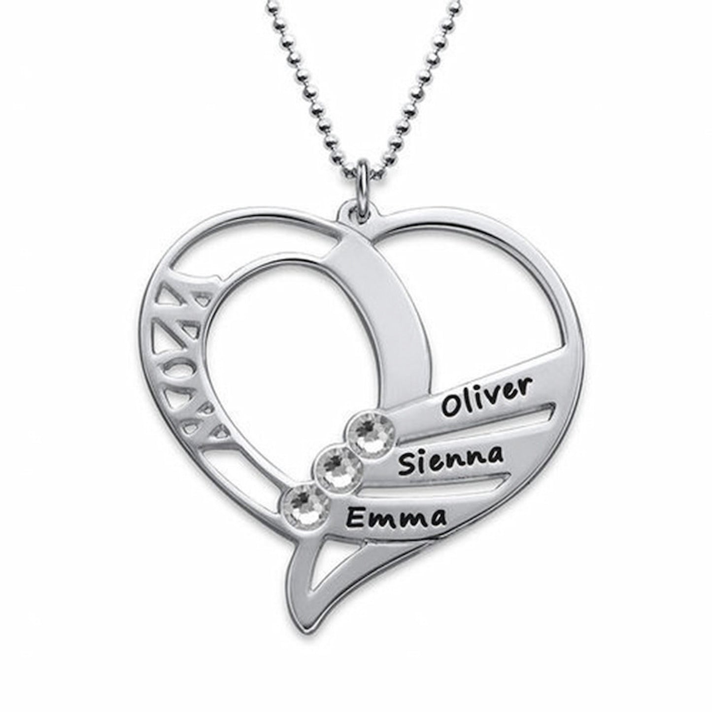 Sterling silver personalized heart family name birthstone necklace for Mom.