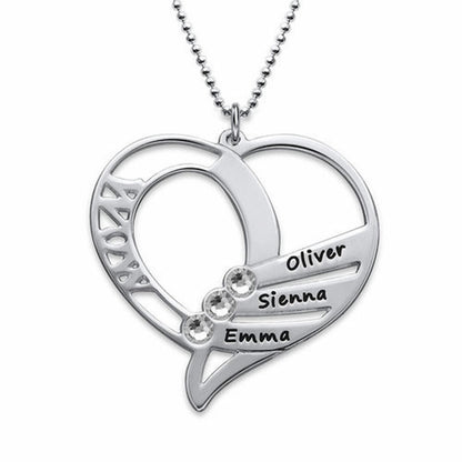 Sterling silver personalized heart family name birthstone necklace for Mom.