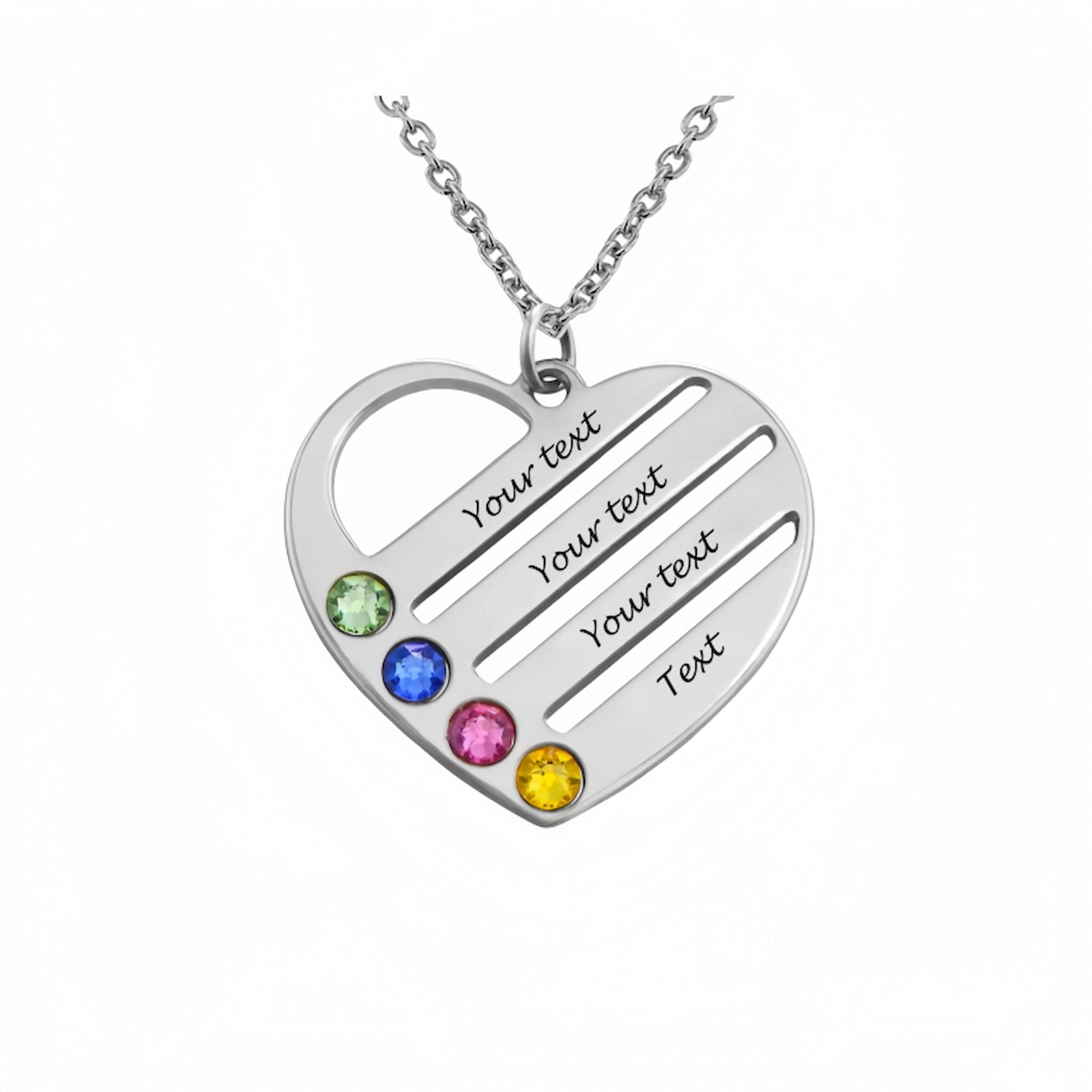 Sterling silver personalized heart Mother necklace with 4 custom names & birthstones.