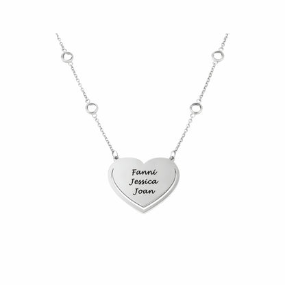 Sterling silver personalized heart name charm necklace with Fanni, Jessica, Joan.