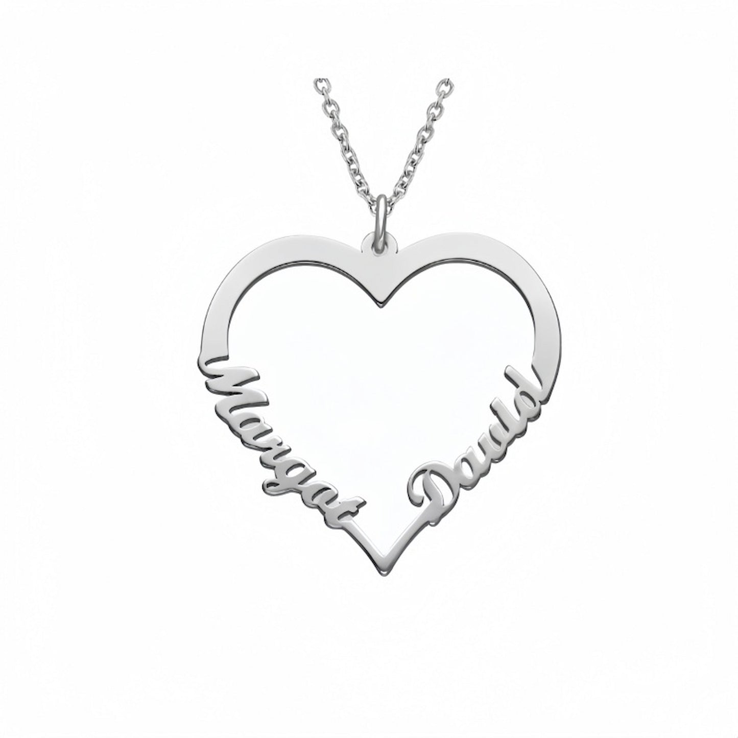 Sterling silver personalized heart name necklace with custom names.