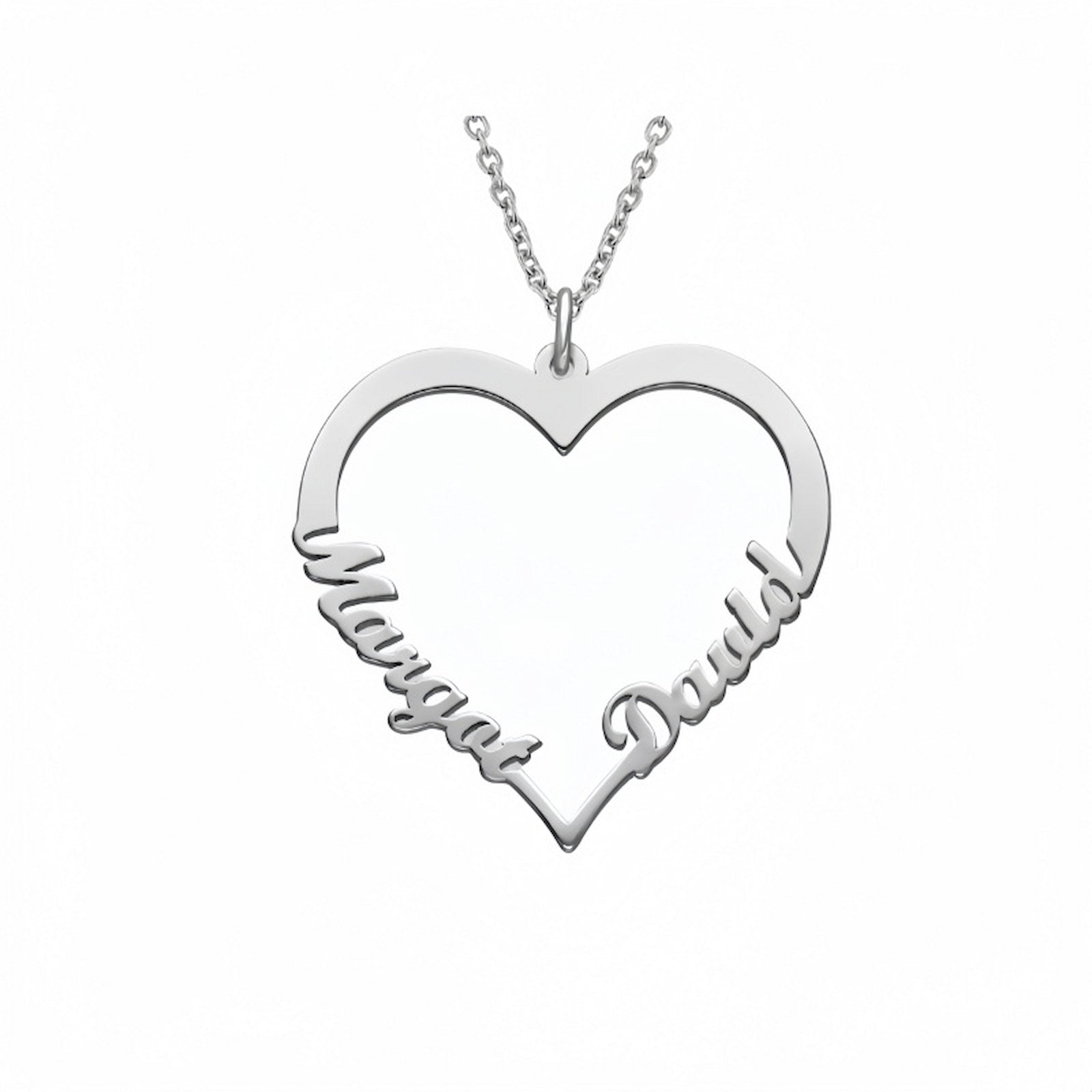 Sterling silver personalized heart name necklace with custom names.