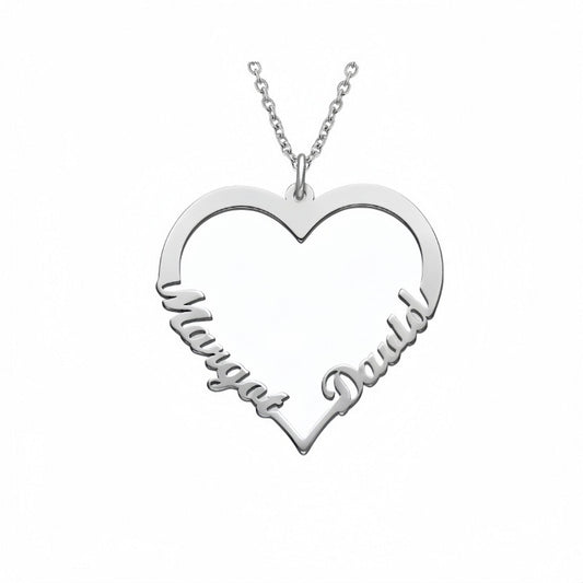 Sterling silver personalized heart name necklace with custom names.