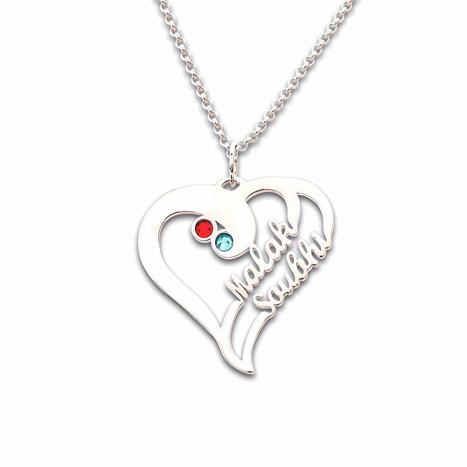 Sterling silver personalized double heart name pendant for women.