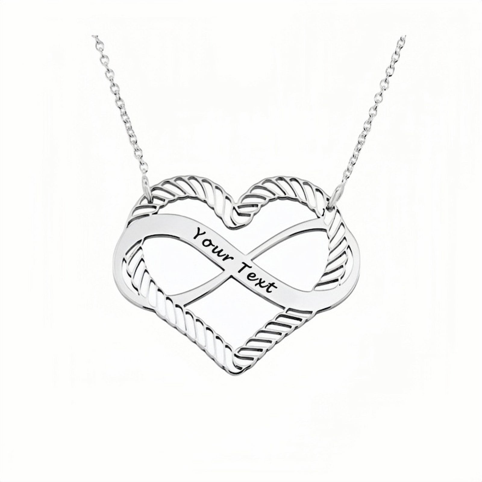 Sterling silver personalized infinity heart necklace with custom engraved text.