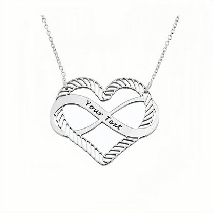 Sterling silver personalized infinity heart necklace with custom engraved text.