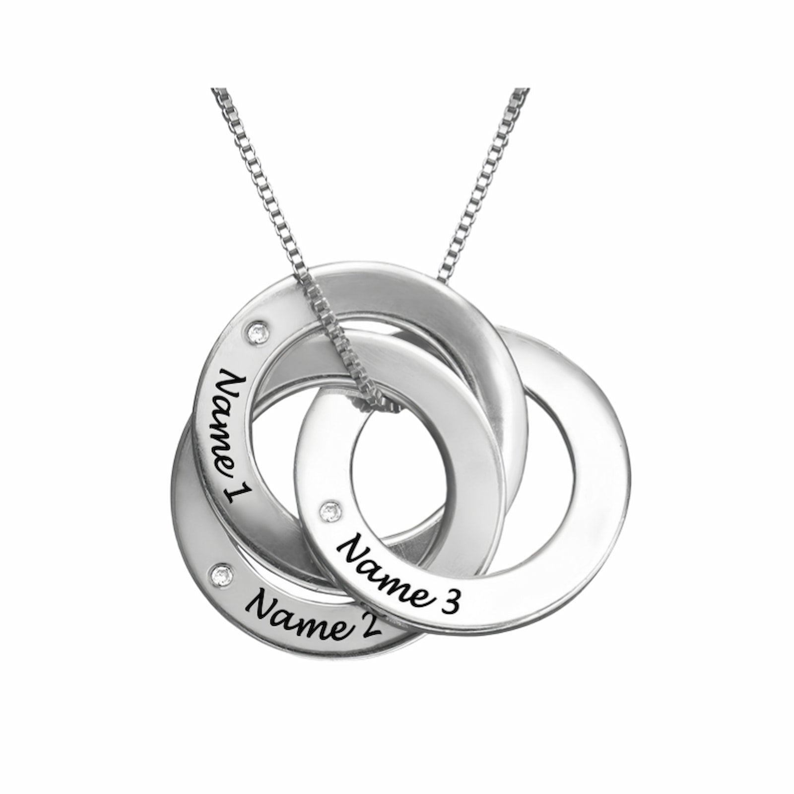 Sterling silver personalized interlocking rings necklace. Custom engraved 3 names.