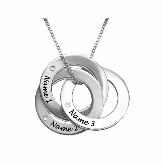 Sterling silver personalized interlocking rings necklace. Custom engraved 3 names.