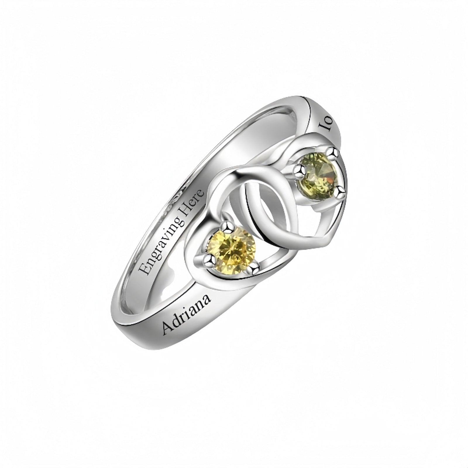 Sterling silver personalized intertwined heart name ring with 2 birthstones.