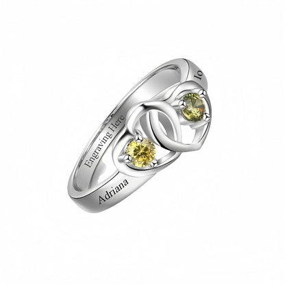 Sterling silver personalized intertwined heart name ring with 2 birthstones.