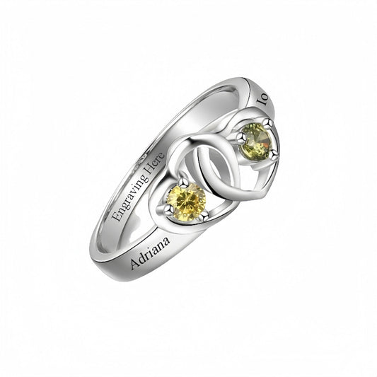 Sterling silver personalized intertwined heart name ring with 2 birthstones.