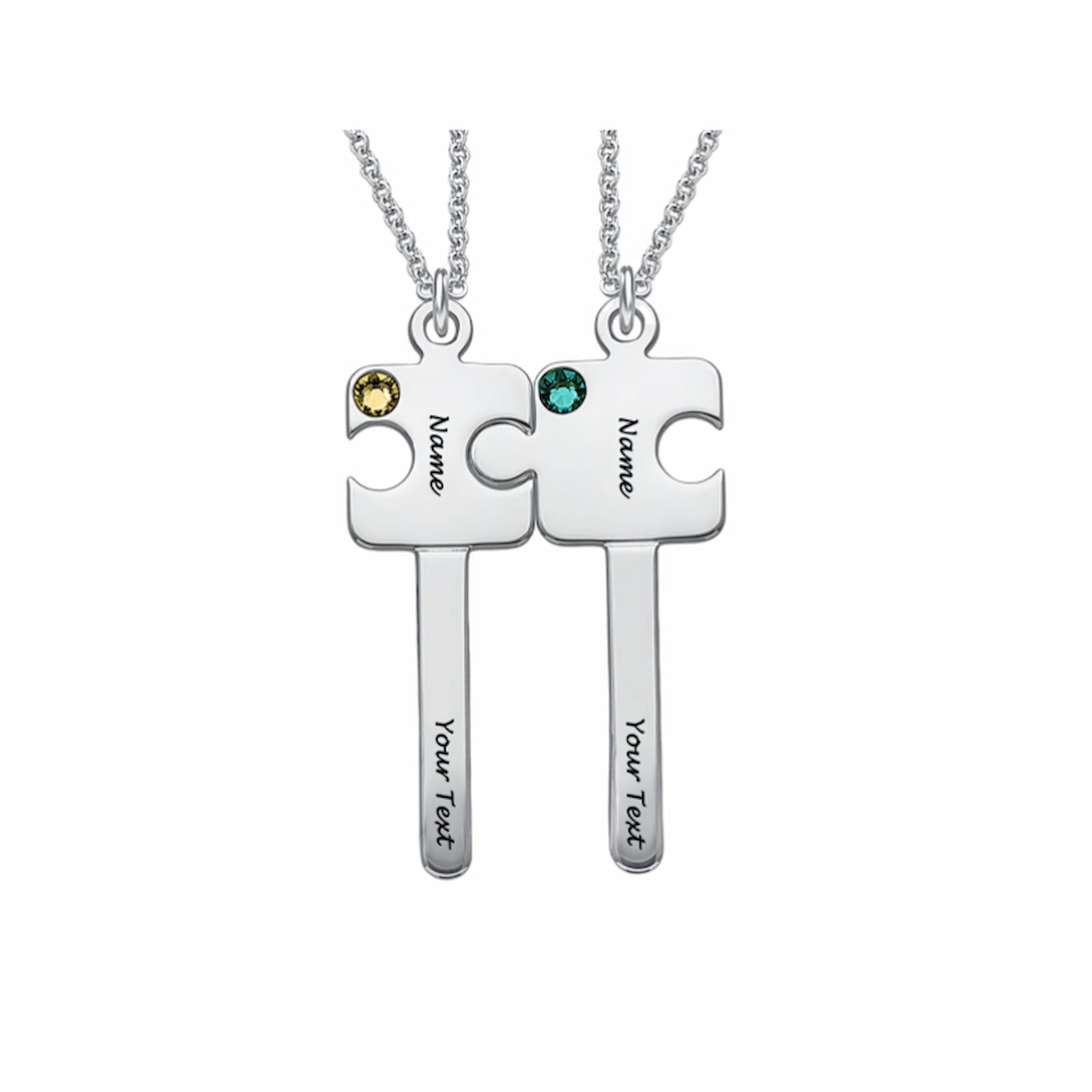 Sterling silver personalized puzzle key couple necklaces with custom names, text.